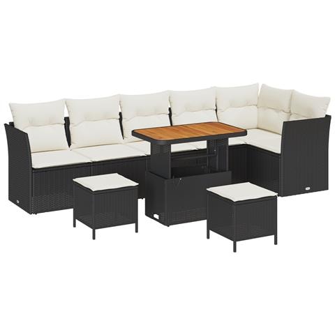 Set Divano da Giardino di 9 Pezzi con Cuscini Nero Polirattan Acacia, Set da Pranzo da Giardino di 3 Pezzi con Cuscini Nero Polirattan Acacia - Foto 1