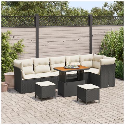 Set Divano da Giardino di 9 Pezzi con Cuscini Nero Polirattan Acacia, Set da Pranzo da Giardino di 3 Pezzi con Cuscini Nero Polirattan Acacia - Foto 2