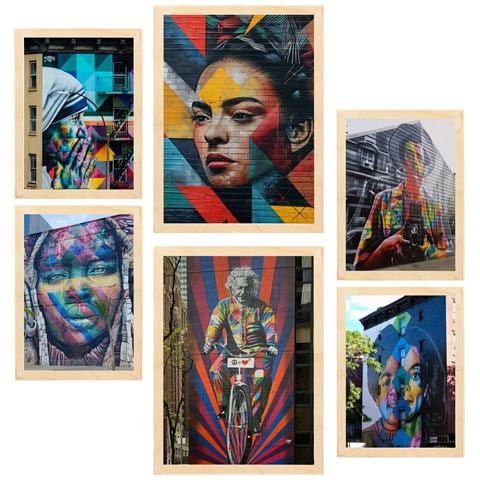 Set Di 6 Stampe Pittura Decorativa Graffiti Street Art Colorata Frida Einstein Teresa Jackson Illustrazioni Incorniciate A3 & A4 Telaio In Legno Chiaro - Foto 1