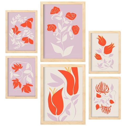 Set Di 6 Stampe Grandi Fiori Astratti In Fiore, Dipinti Decorativi Estetici Per Il Tuo Soggiorno. A3 & A4 Telaio In Legno Chiaro - Foto 1