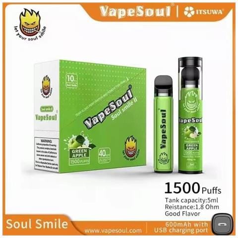1500puffs Monouso Vape Sigaretta Elettronica Monouso - Mela Verde, 5ml Batteria Ricaricabile 600mah Vapesoul Smile Ii Vape Pen Plus Xxl - Foto 1