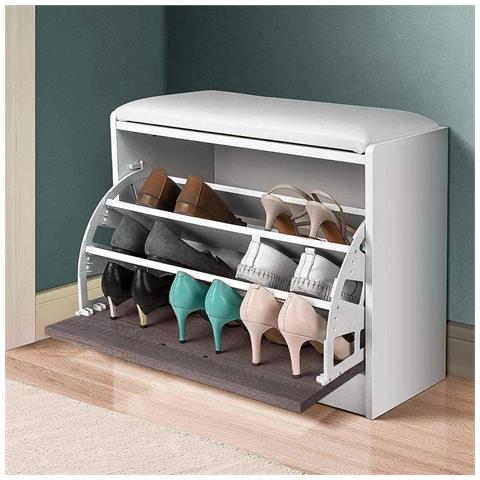 Scarpiera Panca 1 Anta Tripla Profondita Con Seduta In Eco Pelle Grigio 60x30x48 - Foto 1