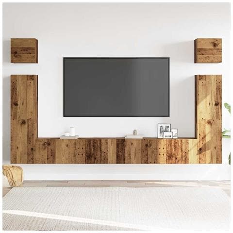 Set Mobile Tv 6 Pz Montato A Parete Legno Antico In Truciolato - Foto 3