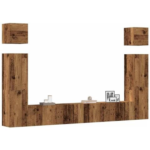 Set Mobile Tv 6 Pz Montato A Parete Legno Antico In Truciolato - Foto 1
