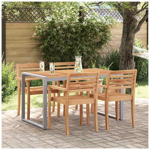 Tavolo da pranzo da esterno Grigio 140x80x75 cm Acciaio e Legno Massello di Acacia - Foto 2