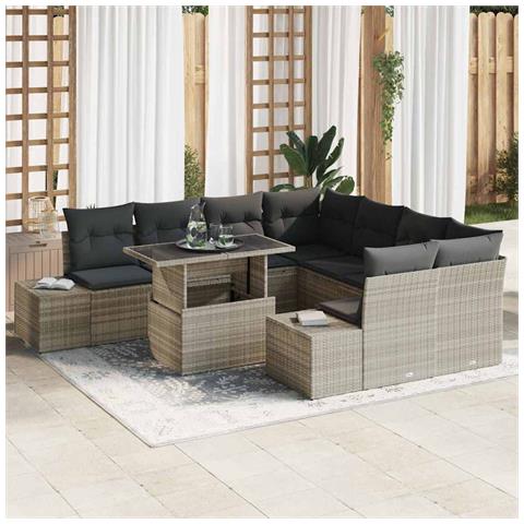 Set da giardino 9 pezzi con cuscini in polyrattan grigio chiaro - Foto 2