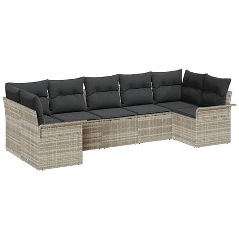 Set di divani da giardino 7 pezzi con cuscini Grigio chiaro Rattan sintetico, Divano da giardino 2 posti con spazio di stoccaggio e cuscini Grigio chiaro Rattan sintetico - Foto 1