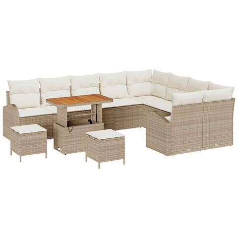 Set Divano da Giardino  12 Pezzi con Cuscini Beige Polyrattan Acacia, Set da Pranzo da Giardino  3 Pezzi con Cuscini Beige Polyrattan Acacia, Divano da Giardino per 2 Persone  con Cuscini Beige Polyrattan - Foto 1