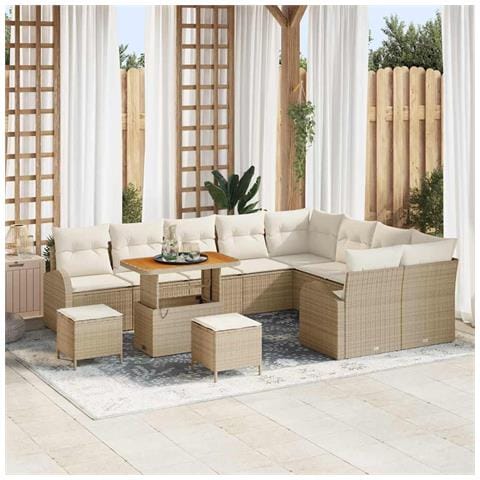 Set Divano da Giardino  12 Pezzi con Cuscini Beige Polyrattan Acacia, Set da Pranzo da Giardino  3 Pezzi con Cuscini Beige Polyrattan Acacia, Divano da Giardino per 2 Persone  con Cuscini Beige Polyrattan - Foto 2