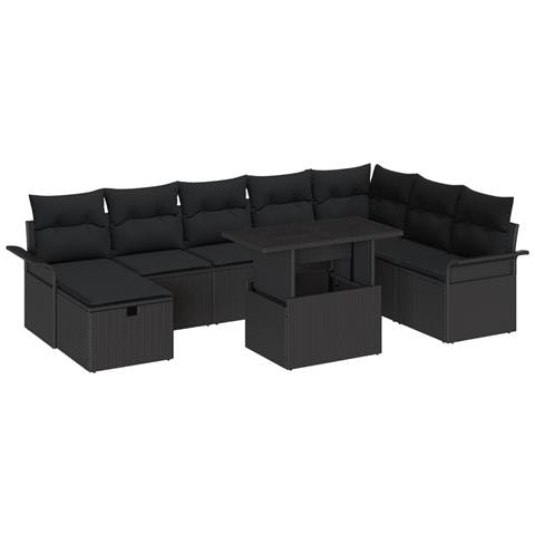 Set Divano da Giardino di 9 Pezzi con Cuscini Nero Polyrattan - Foto 1