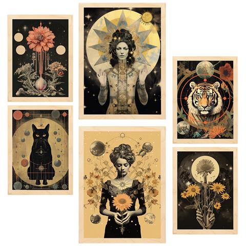 Set Di 6 Stampe Pittura Decorativa, Collage Surreale Con Illustrazioni Incorniciate, Mistiche Ed Esoteriche Femminili A3 & A4 Telaio In Legno Chiaro - Foto 1