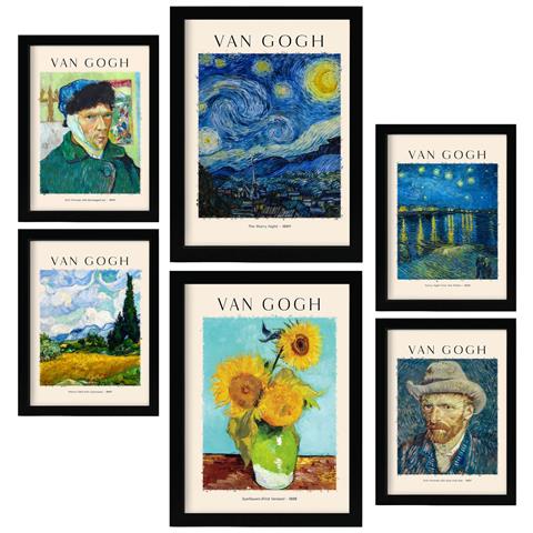 Set Di 6 Stampe Foglio Poster Di Van Gogh, Galleria Del Pittore, Dipinti Decorativi Per Il Tuo Soggiorno, Camera Da Letto, Stampe Artistiche Da Parete Per La Casa A3 & A4 Cornice Nera - Foto 1