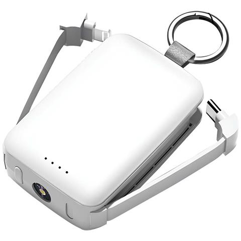 Powerbank Batteria Di Emergenza 4000mah Con Cavi, Lampada E Anello Portachiavi, Bianco - Foto 4