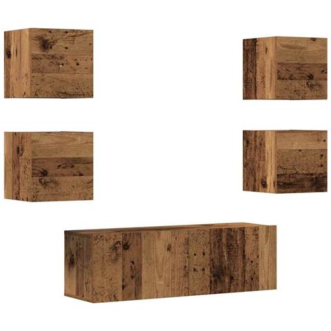 Set Mobile Tv 5 Pz Montato A Parete Legno Antico In Truciolato - Foto 2