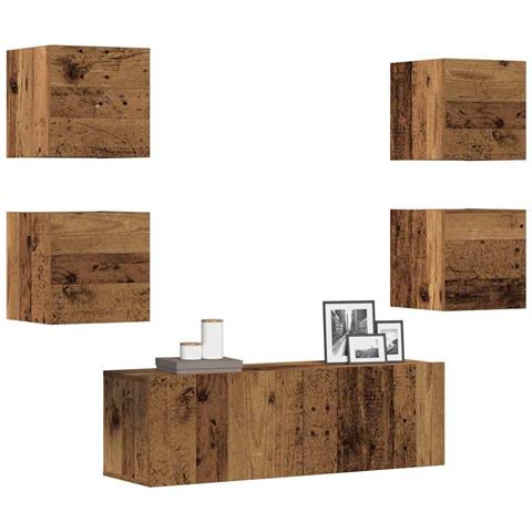 Set Mobile Tv 5 Pz Montato A Parete Legno Antico In Truciolato - Foto 1
