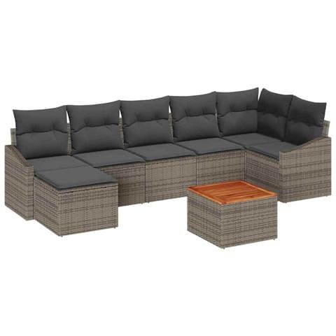 Set di divano da giardino in 8 pezzi con cuscini grigio polyrattan acacia - Foto 1
