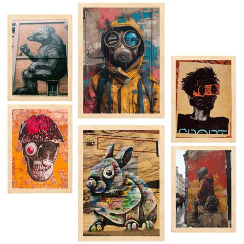 Set Di 6 Stampe Dipinto Decorativo Graffiti Street Art Di Banksy Nei Toni Del Marrone Incorniciato Con Illustrazioni A3 & A4 Telaio In Legno Chiaro - Foto 1
