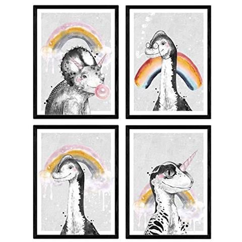 Set Di 4 Stampe Dinosaurs Arociris Poster. Piatti Di Dinosauri Per Bambini Senza Cornice A4 - Foto 1