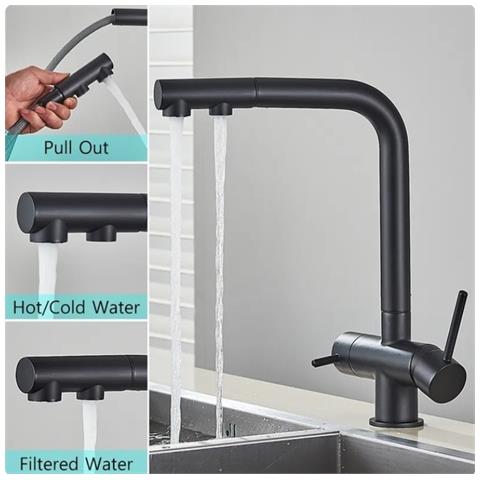 Rubinetto per lavello da cucina, Blackswan, tipo M345, modello nero opaco con uscita acqua purificata e doccia mobile, dimensioni 32,5 cm - Foto 2