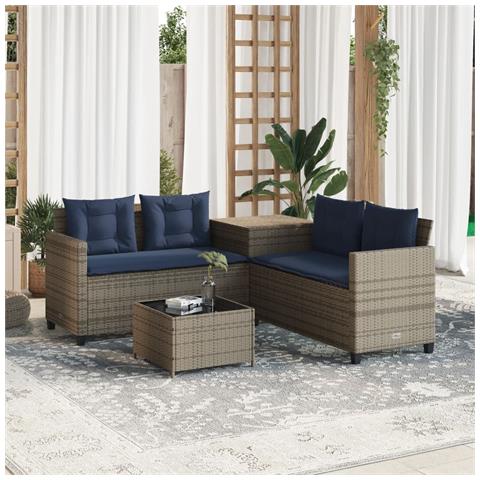 Divano da giardino con Tavolino e cuscini a forma di L in Polyrattan Grigio - Foto 2