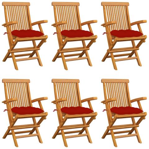 Sedie da Giardino con Cuscini Rossi 6 pz in Massello di Teak - Foto 1