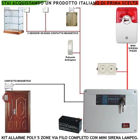 Kit Impianto Antifurto Poly Centrale A 5 Zone 2 Sensori Di Scasso E Sfondamento 2 Contatti Magnetici Mini Sirena Inter - Foto 1