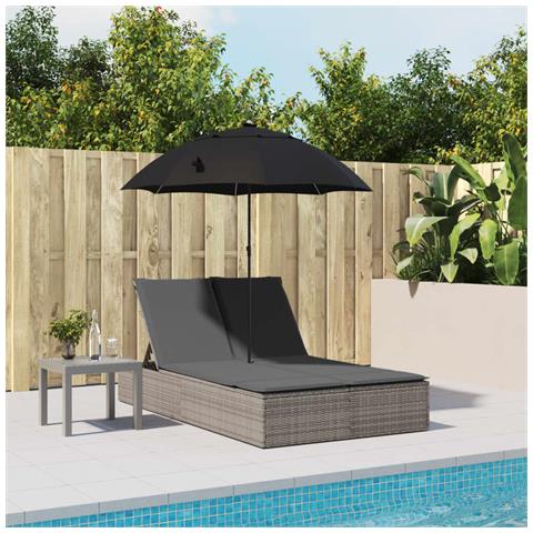 Lettino Prendisole Doppio Cuscini E Parasole Grigio Polyrattan - Foto 2