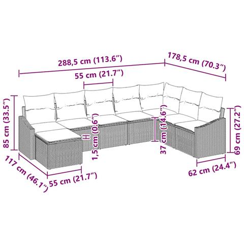 Set di divano da giardino in 8 pezzi con cuscini in rattan nero - Foto 9
