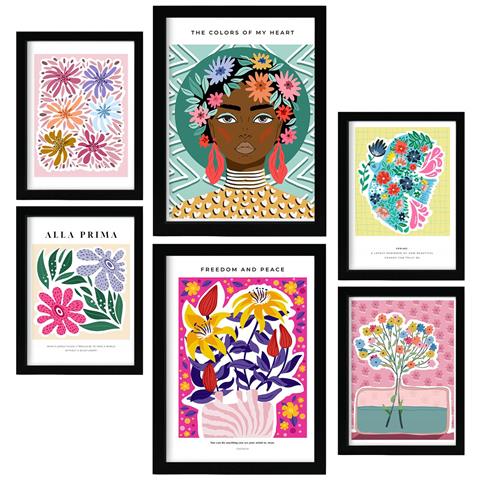 Set Di 6 Stampe Galleria D'arte Astratta Oasis, Dipinti Decorativi Per Il Tuo Soggiorno, Stampe Artistiche Da Parete Per La Casa A3 & A4 Cornice Nera - Foto 1