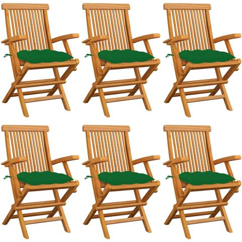 Sedie da Giardino con Cuscini Verdi 6 pz in Massello di Teak - Foto 1