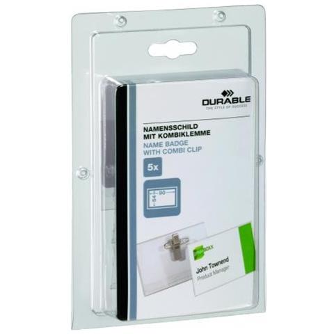 Portanome Combi Clip Clip Coccodrillo+spilla 54x90mm Hxl Trasparente 5pz - Foto 1