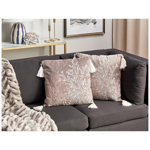 Set Di 2 Cuscini Mazzaella Velluto 45 X 45 Cm Tortora Trama Di Piante - Foto 1