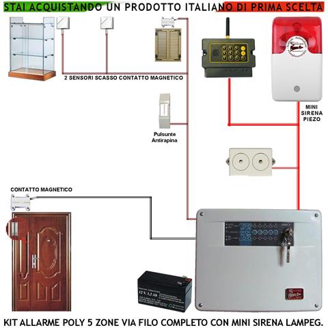 Kit Impianto Antifurto Poly Centrale A 5 Zone 2 Sensori Di Sfondamento O Scasso 2 Contatti Magnetici Mini Sirena Inter - Foto 1
