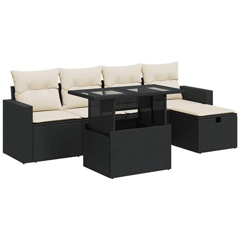Set Divano Da Giardino 6 Pz Con Cuscini Nero In Polyrattan - Foto 1