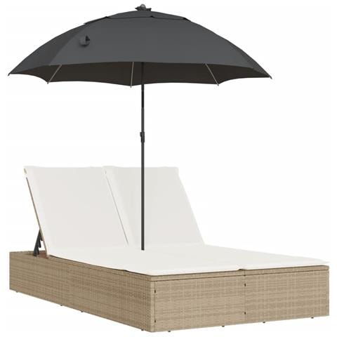 Lettino Prendisole Doppio Cuscini E Parasole Beige Polyrattan - Foto 1