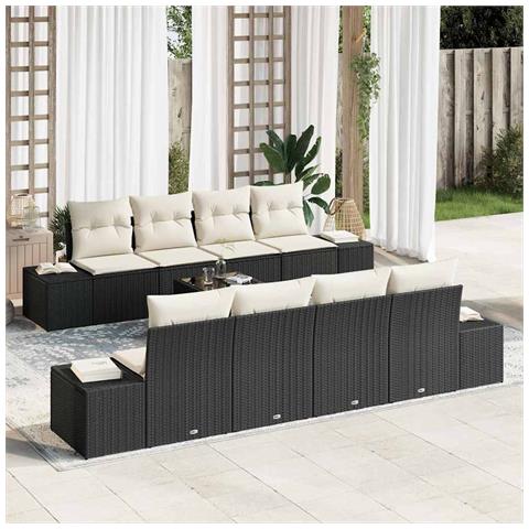 Set da giardino 9 pezzi con cuscini in polyrattan nero - Foto 2