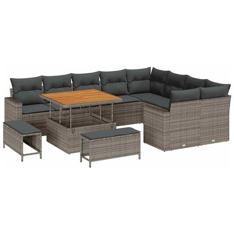 Set Divano da Giardino  12 Pezzi con Cuscini Grigio Poly Rattan Acacia, Set da Pranzo da Giardino  3 Pezzi con Cuscini Grigio Poly Rattan Acacia - Foto 1