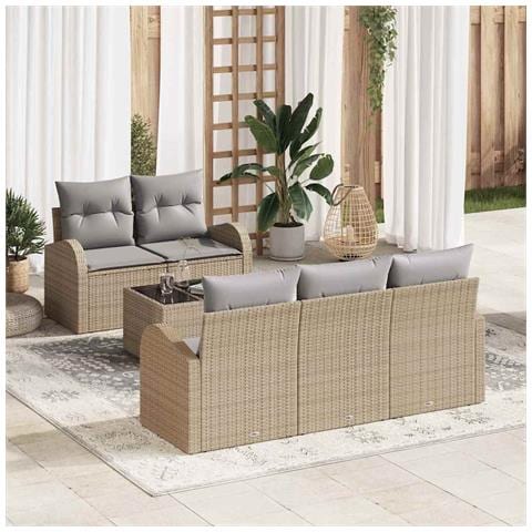 Set Divano da Giardino 6 Pezzi con Cuscini Beige in Rattan Poli, Divano da Giardino 2 Posti con Box e Cuscini Beige in Rattan Poli - Foto 2