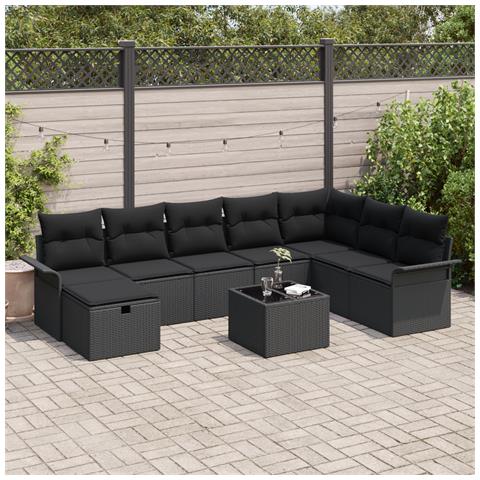 Set Divano da Giardino 9 Pezzi con Cuscini Nero Rattan Sintetico - Foto 2