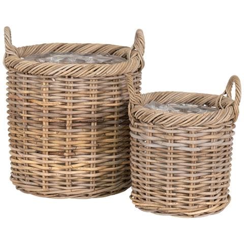 Set Di 2 Cesti Gili Rotondi In Rattan Kubu Naturale Con Manici - 30 E 40 Cm - Foto 1
