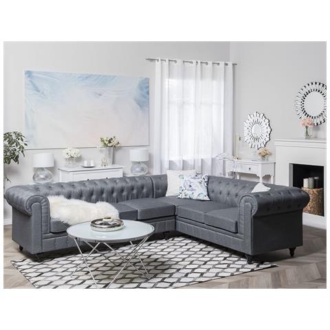 Divano Angolare Vintage In Tessuto Grigio Versione Sinistra Chesterfield - Foto 18