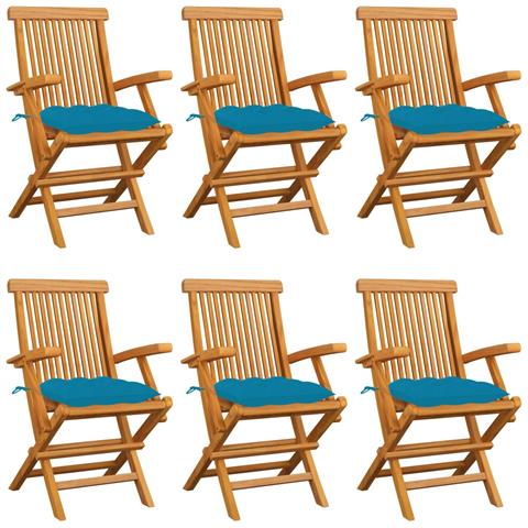 Sedie da Giardino con Cuscini Azzurri 6 pz in Massello di Teak - Foto 1