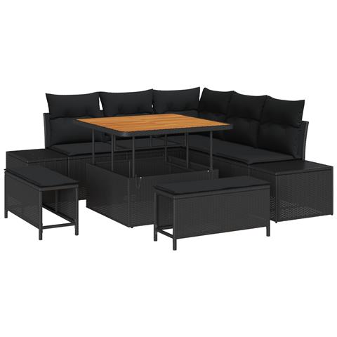 Set di Divano da Giardino in 8 Pezzi con Cuscini Nero Polyrattan Acacia, Divano da Giardino a 2 Posti con Ripostiglio e Cuscini Nero Polyrattan, Set da Giardino per Pranzo in 3 Pezzi con Cuscini Nero Polyrattan Acacia - Foto 1