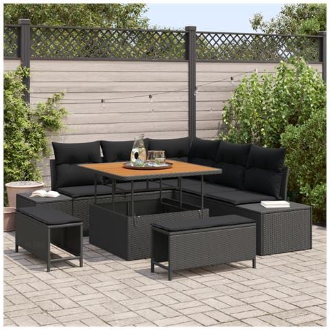 Set di Divano da Giardino in 8 Pezzi con Cuscini Nero Polyrattan Acacia, Divano da Giardino a 2 Posti con Ripostiglio e Cuscini Nero Polyrattan, Set da Giardino per Pranzo in 3 Pezzi con Cuscini Nero Polyrattan Acacia - Foto 2