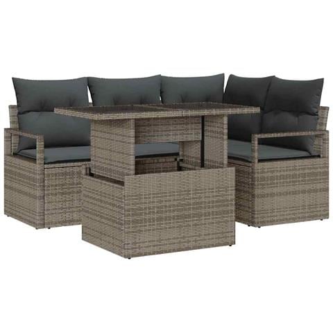 Set Divano da Giardino Grigio in 5 Pezzi con Cuscini in Polyrattan,  Divano da Giardino Grigio per 2 Persone con Cuscini in Polyrattan - Foto 1
