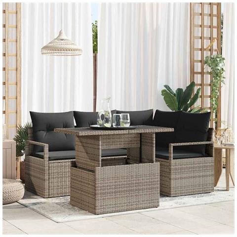 Set Divano da Giardino Grigio in 5 Pezzi con Cuscini in Polyrattan,  Divano da Giardino Grigio per 2 Persone con Cuscini in Polyrattan - Foto 2