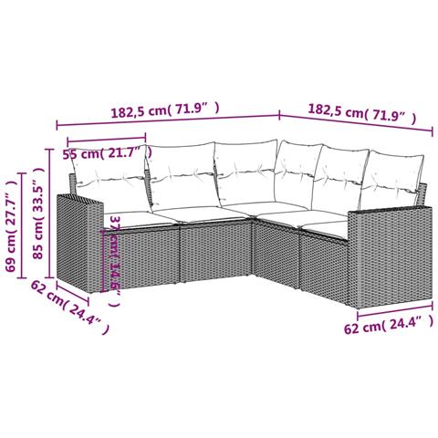 Set Divano da Giardino 5 pz con Cuscini Grigio in Polyrattan - Foto 3