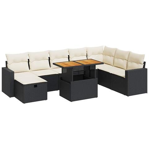 Set Divani da Giardino 9 pz con Cuscini Nero Polyrattan Acacia - Foto 1