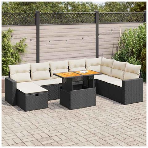 Set Divani da Giardino 9 pz con Cuscini Nero Polyrattan Acacia - Foto 2
