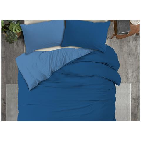 Copripiumino No Stiro Tinta Unita Bicolor Microfibra Effetto Manopesca Francesca Matrimoniale Blu-azzurro - Foto 1